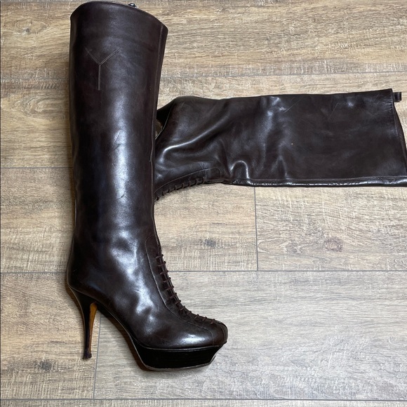 Yves Saint Laurent YSL Brown Tribute platform knee High Heeled Leather Boots 40 - Picture 12 of 17